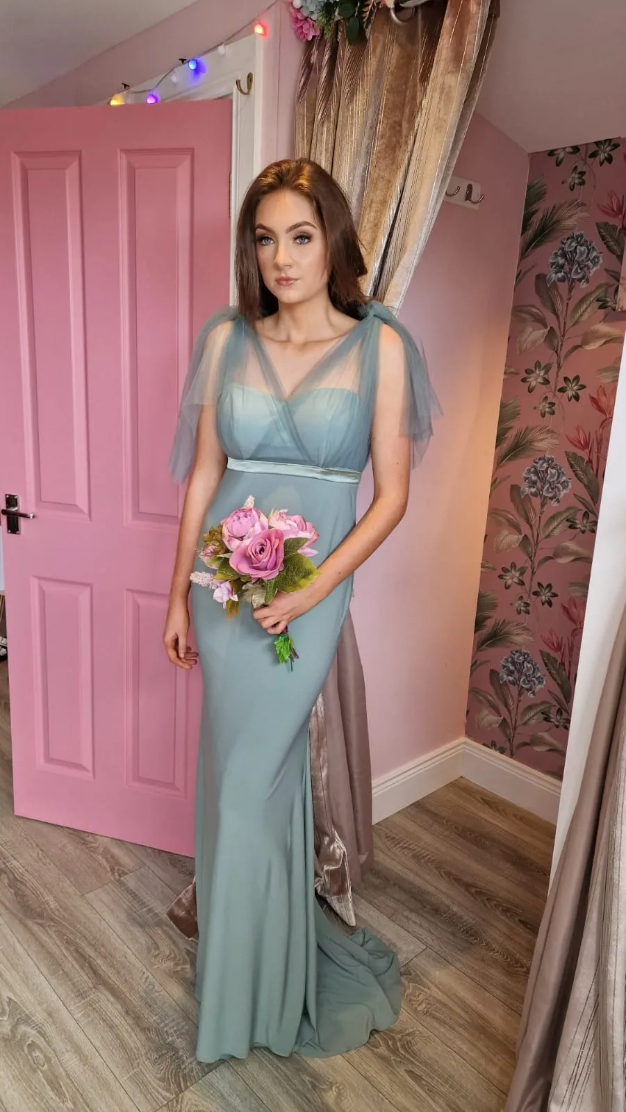 Alice Sage Green V Neck Fitted Bridesmaids Dress