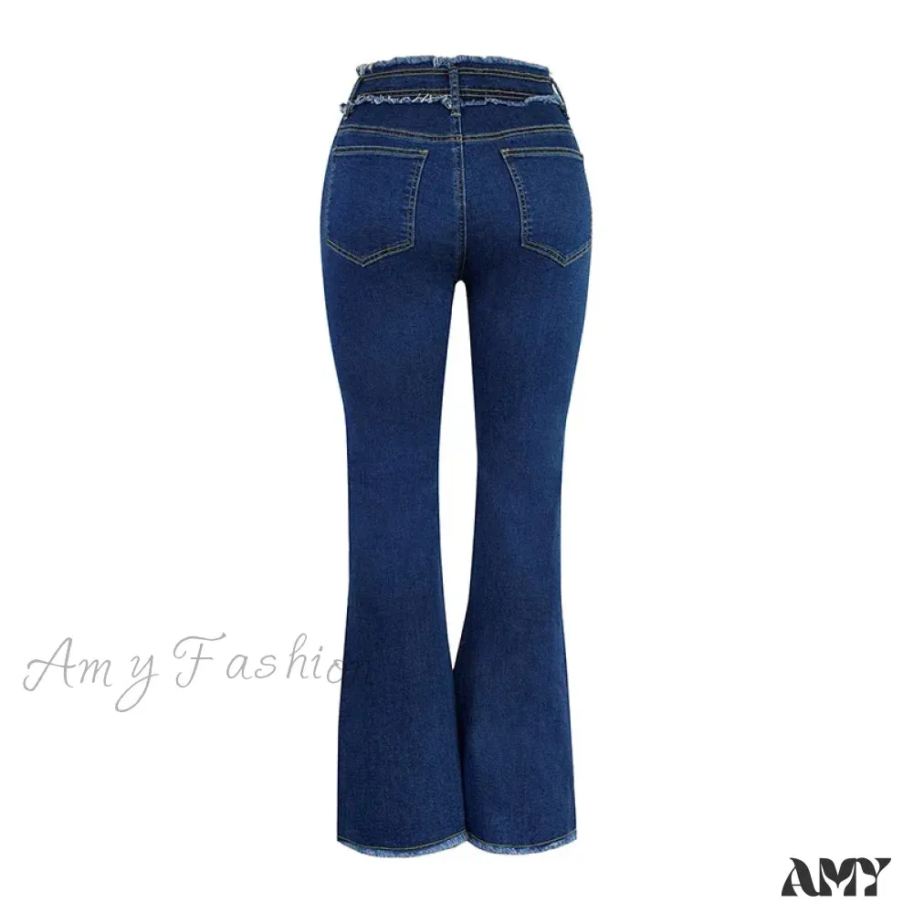 Amy Fashion - 2024 Stretch Women's Vintage Fashion High Waist Flare Women Slim Spliced Bell Bottom Streetwear Wash Denim Jean