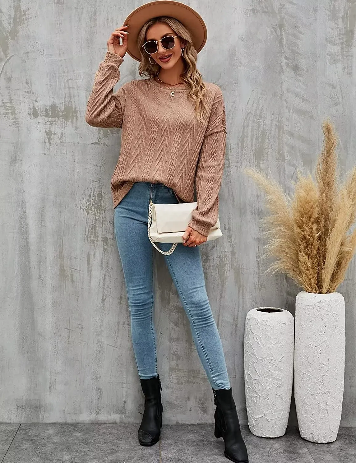 Amy Fashion - Cable Knit Tunic Sweater Crewneck Long Sleeve Sweater