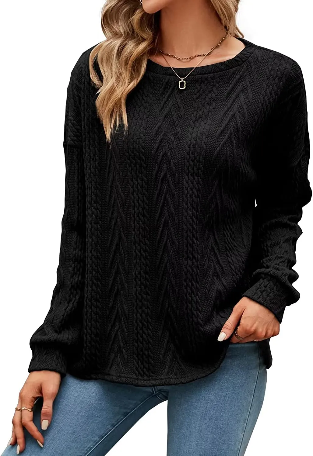 Amy Fashion - Cable Knit Tunic Sweater Crewneck Long Sleeve Sweater