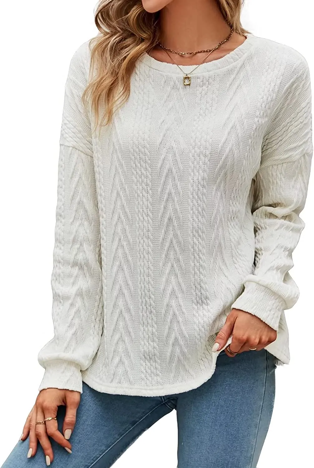 Amy Fashion - Cable Knit Tunic Sweater Crewneck Long Sleeve Sweater