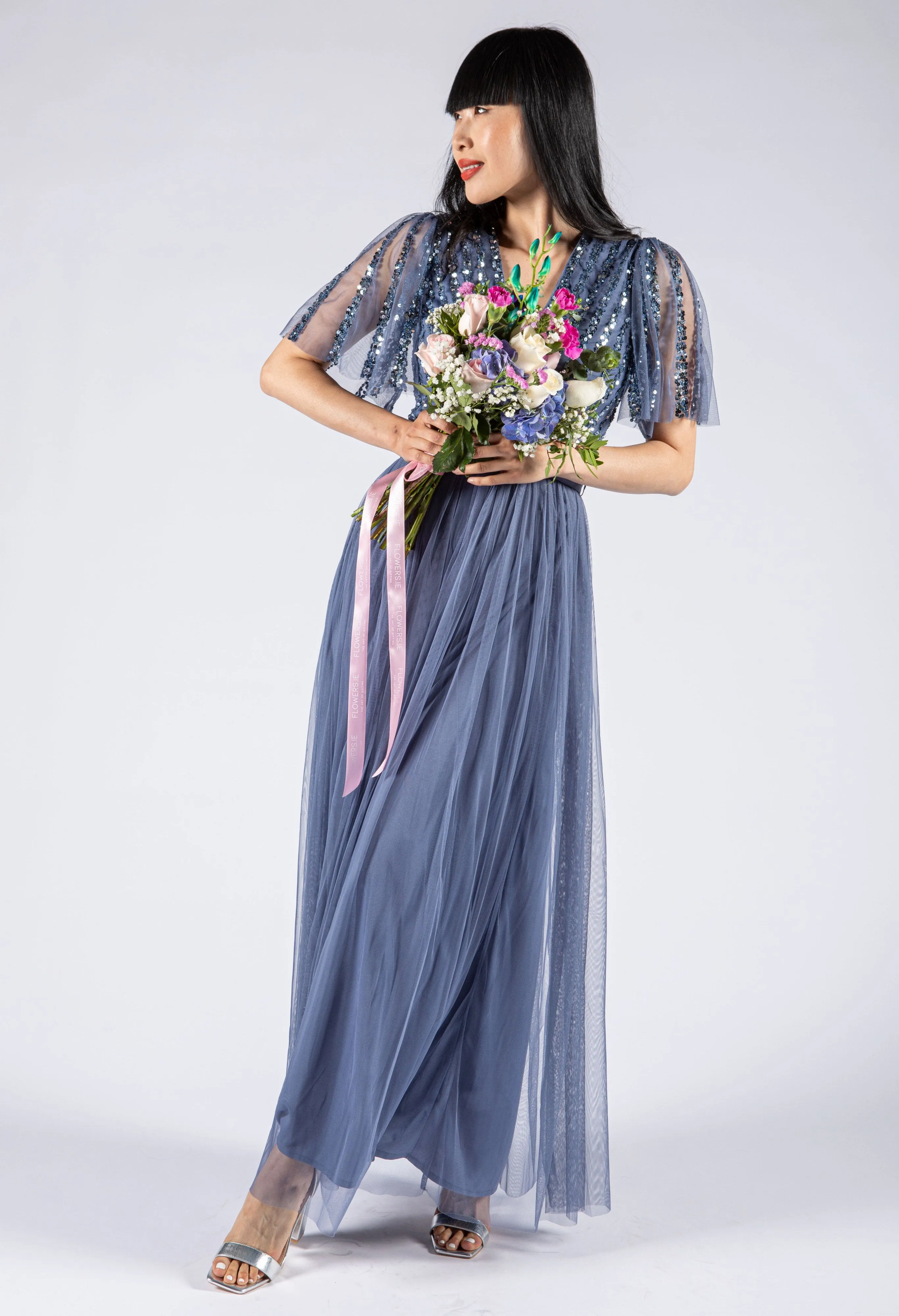 ANGEL SLEEVE EMBELLISHED MAXI DRESS WITH SASH BELT
