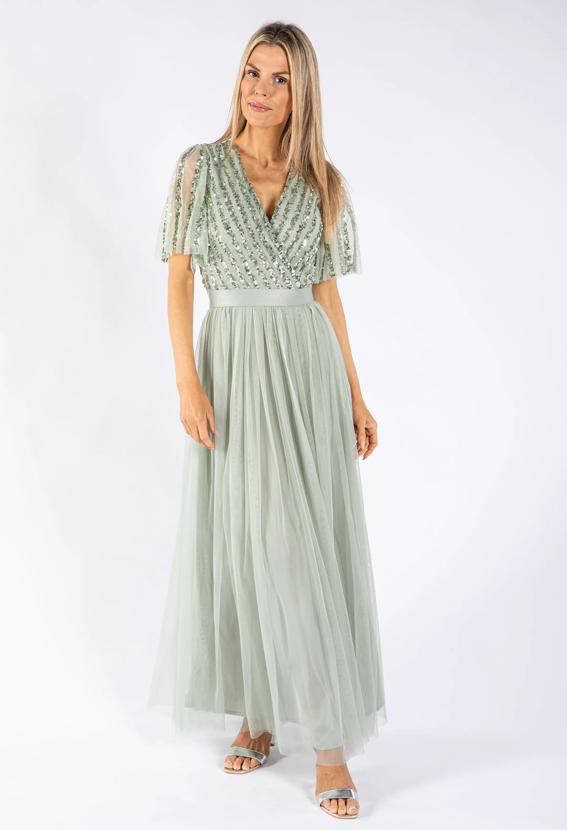 ANGEL SLEEVE EMBELLISHED MAXI DRESS WITH SASH BELT