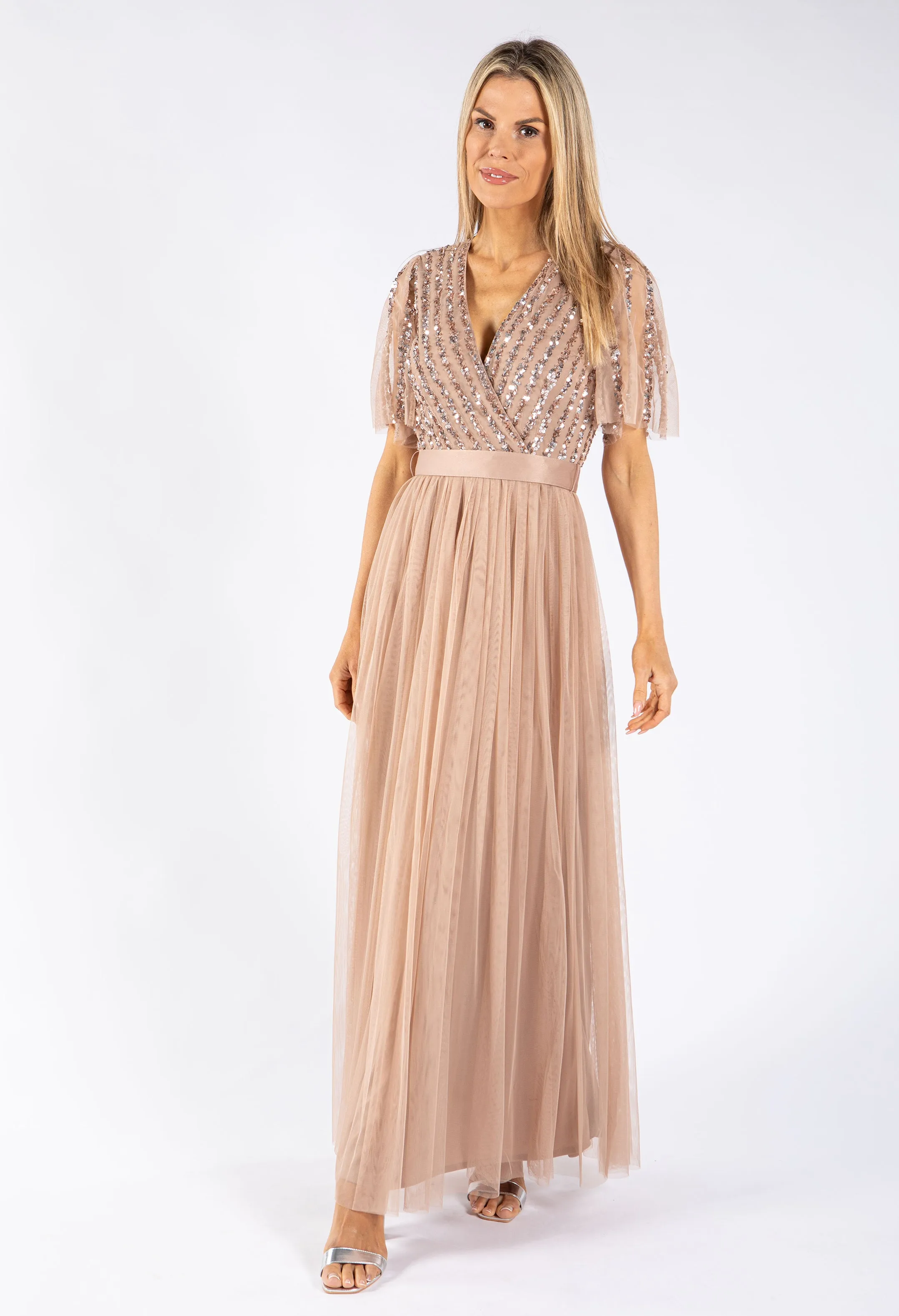 ANGEL SLEEVE EMBELLISHED MAXI DRESS WITH SASH BELT
