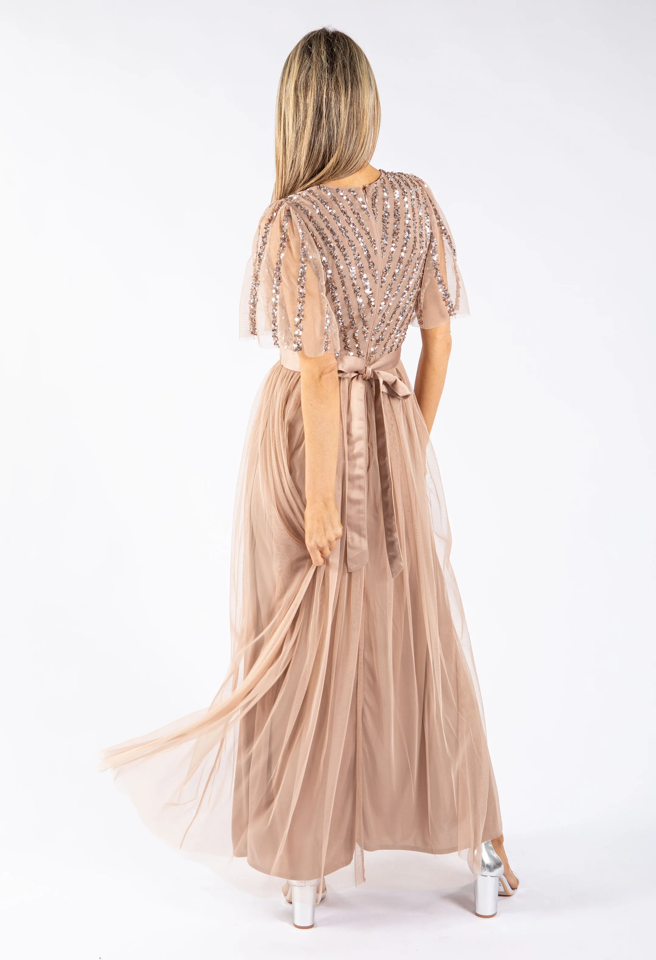 ANGEL SLEEVE EMBELLISHED MAXI DRESS WITH SASH BELT