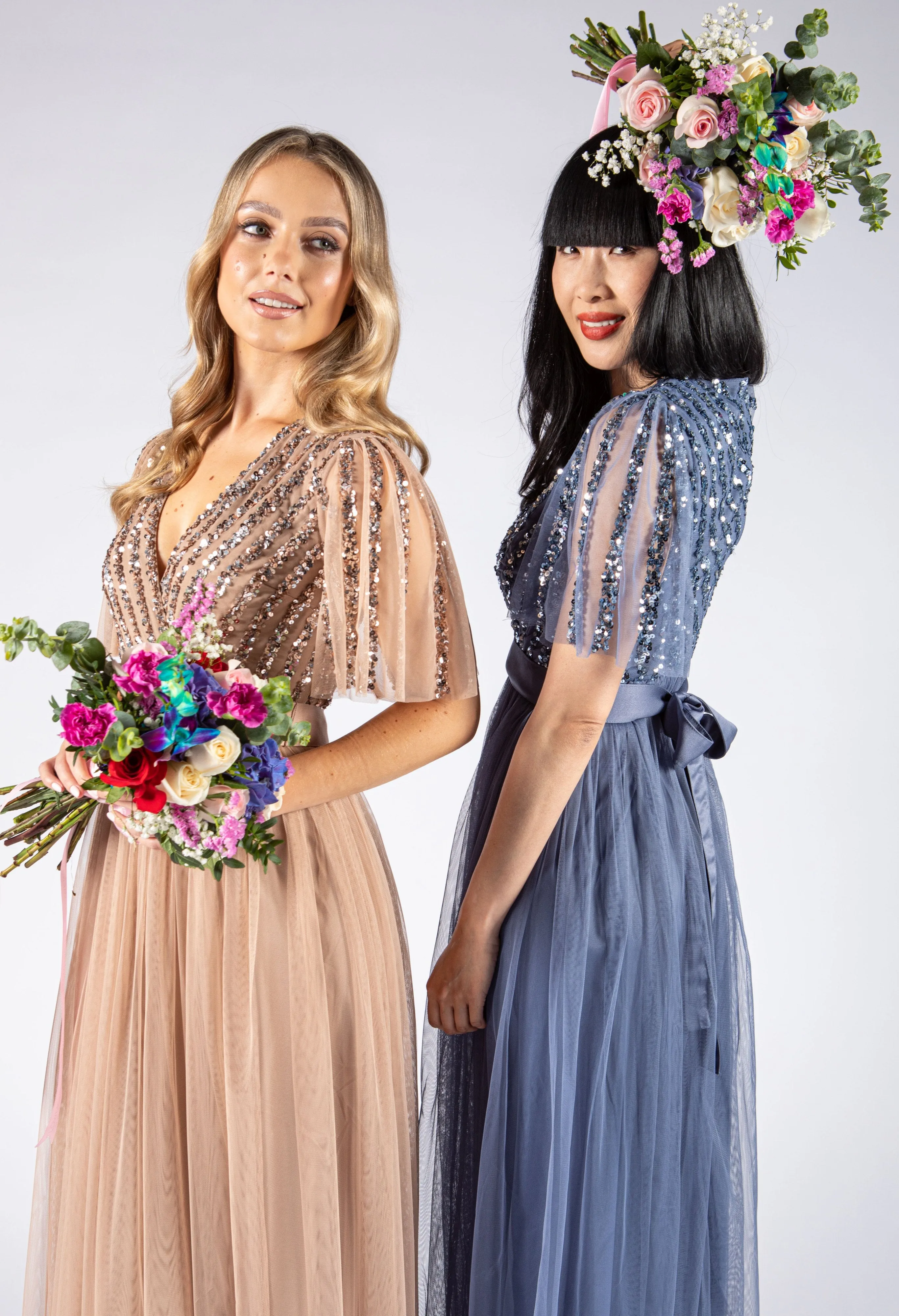 ANGEL SLEEVE EMBELLISHED MAXI DRESS WITH SASH BELT