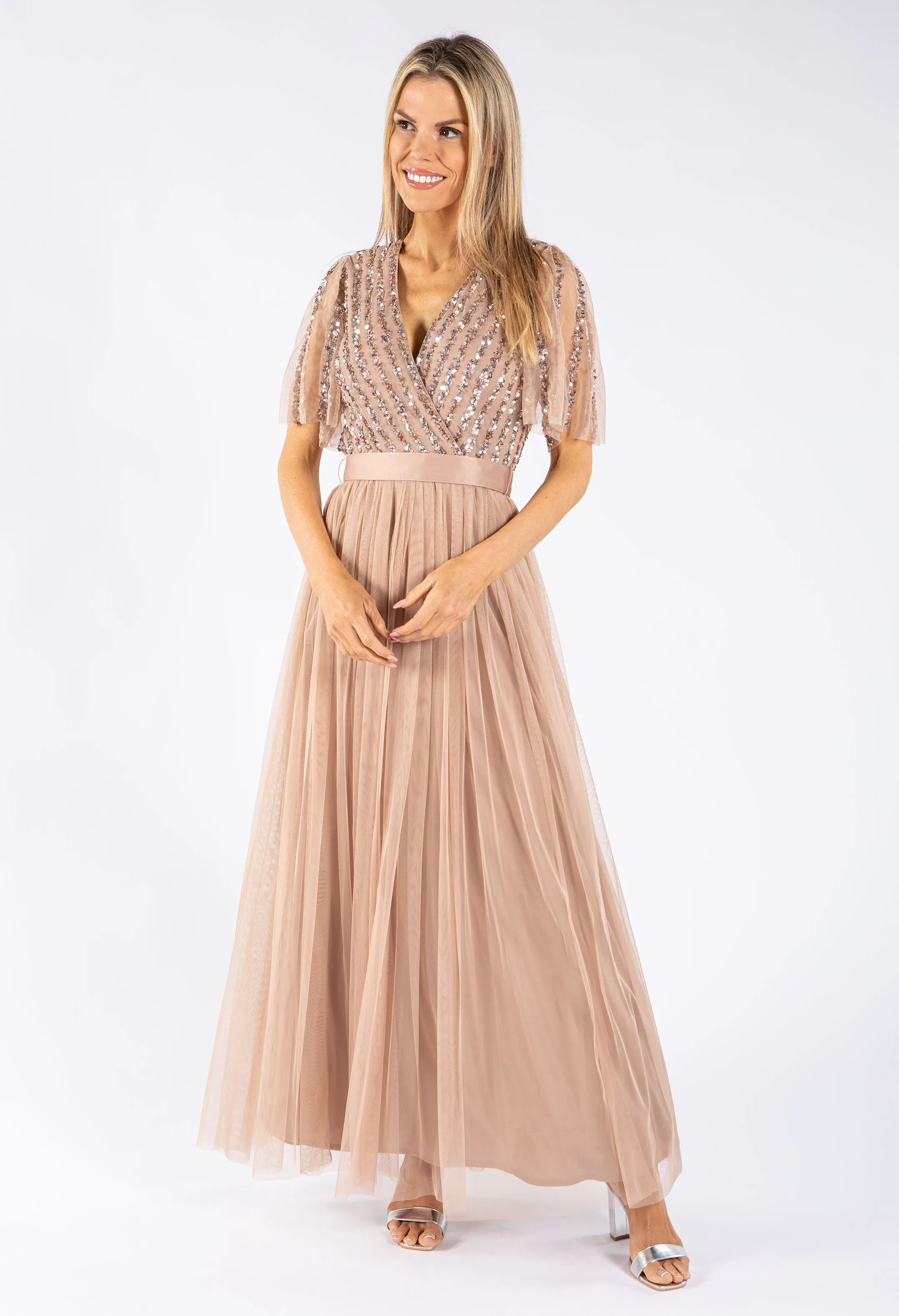 ANGEL SLEEVE EMBELLISHED MAXI DRESS WITH SASH BELT