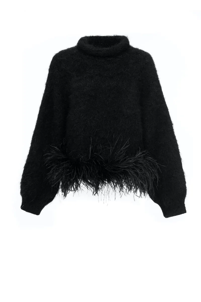 BLACK HIGH-NECK KNIT WOOL SWEATER WITH FEATHER-DETAILING