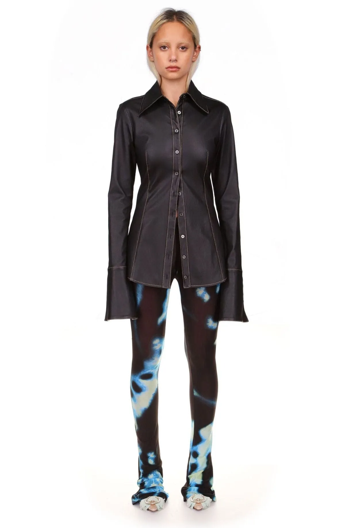 Black Leather Button Down Black Shirt