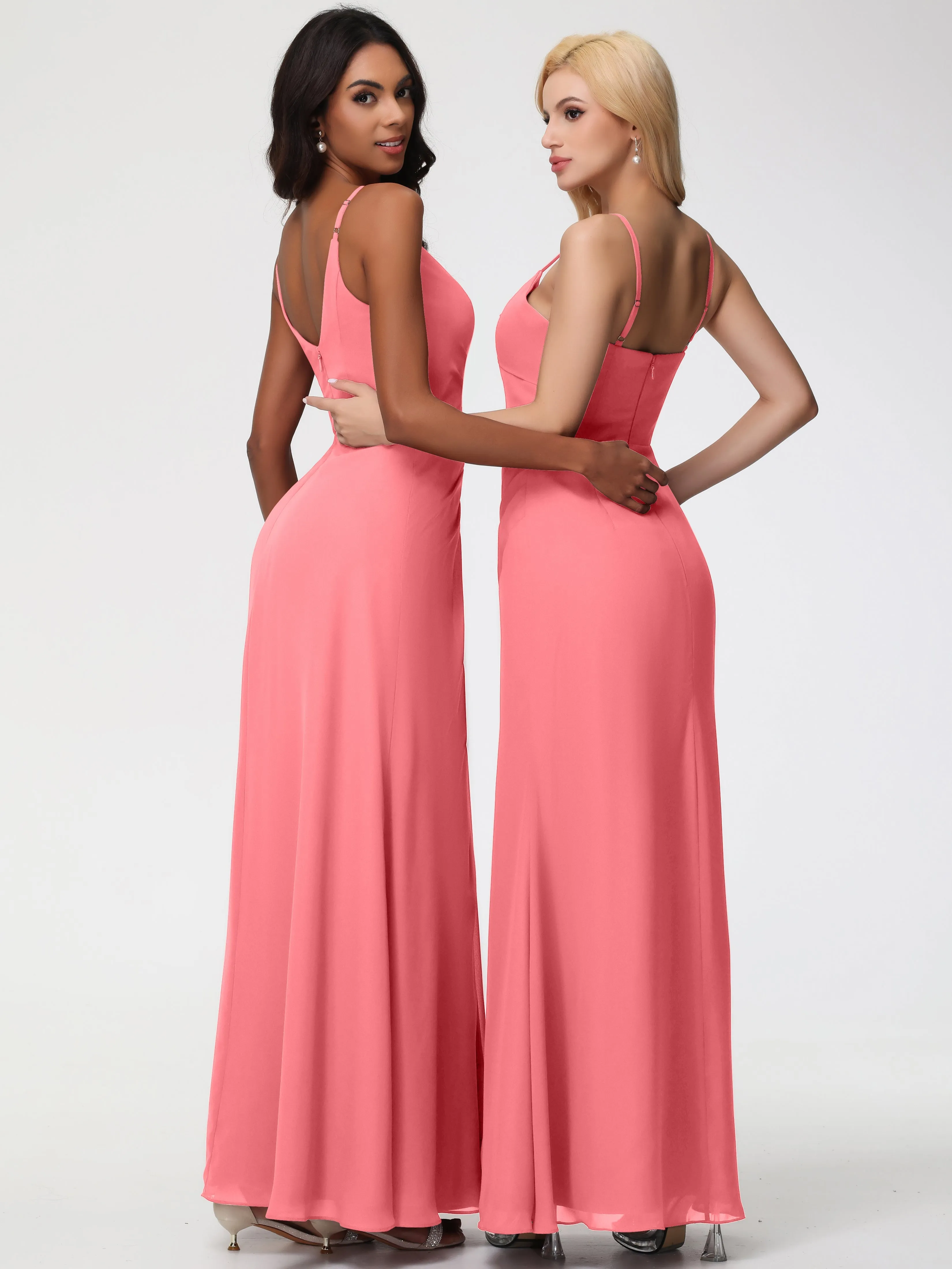Bridesmaid Dress Watermelon A-Line V-Neck Spaghetti Straps Ruched Chiffon Bridesmaid Dresses With Slit