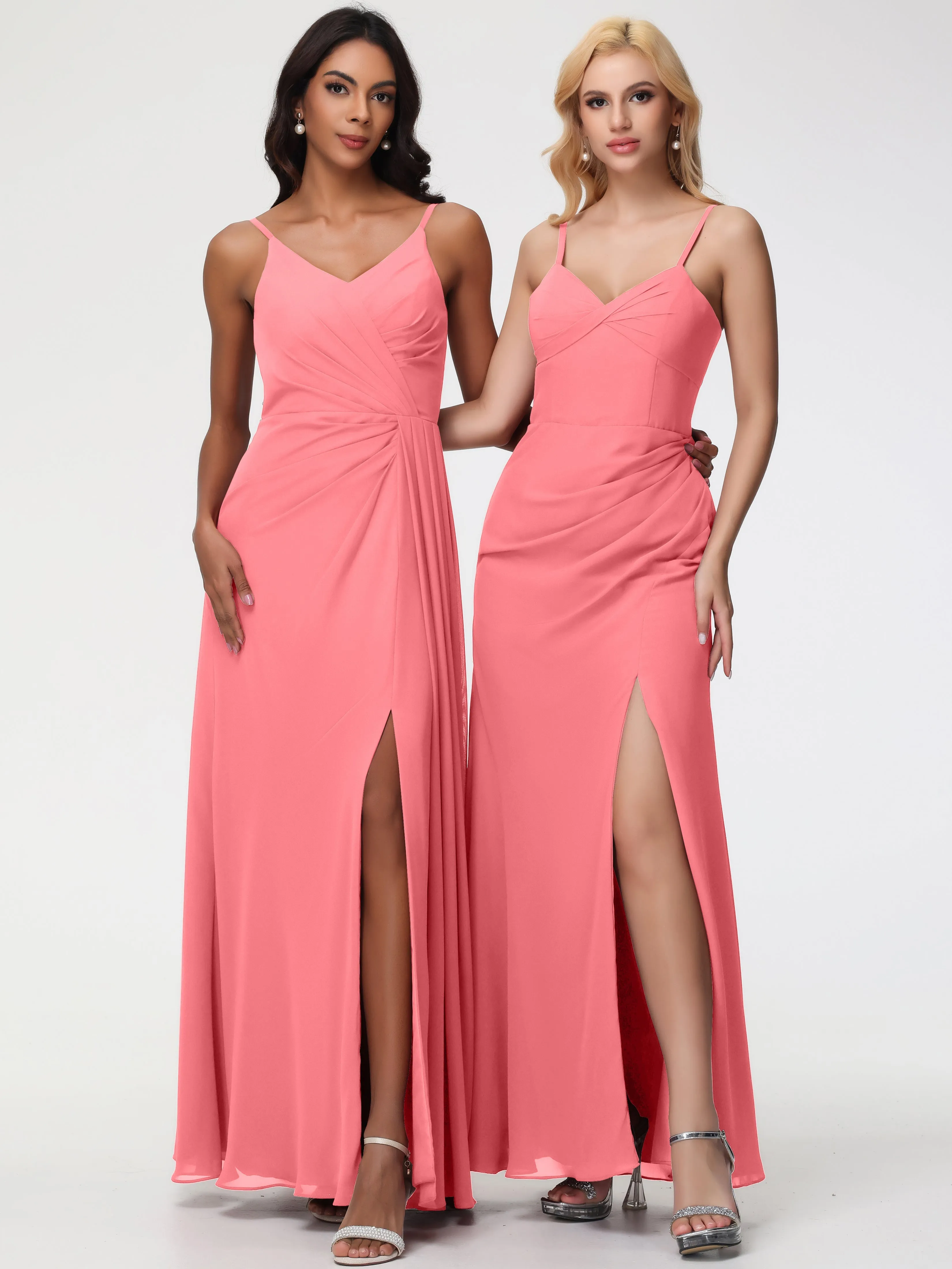 Bridesmaid Dress Watermelon A-Line V-Neck Spaghetti Straps Ruched Chiffon Bridesmaid Dresses With Slit
