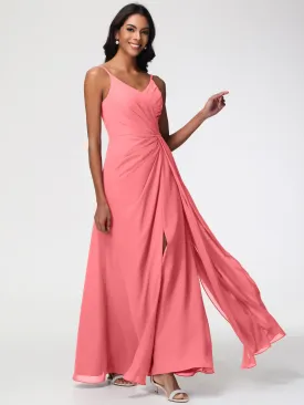 Bridesmaid Dress Watermelon A-Line V-Neck Spaghetti Straps Ruched Chiffon Bridesmaid Dresses With Slit