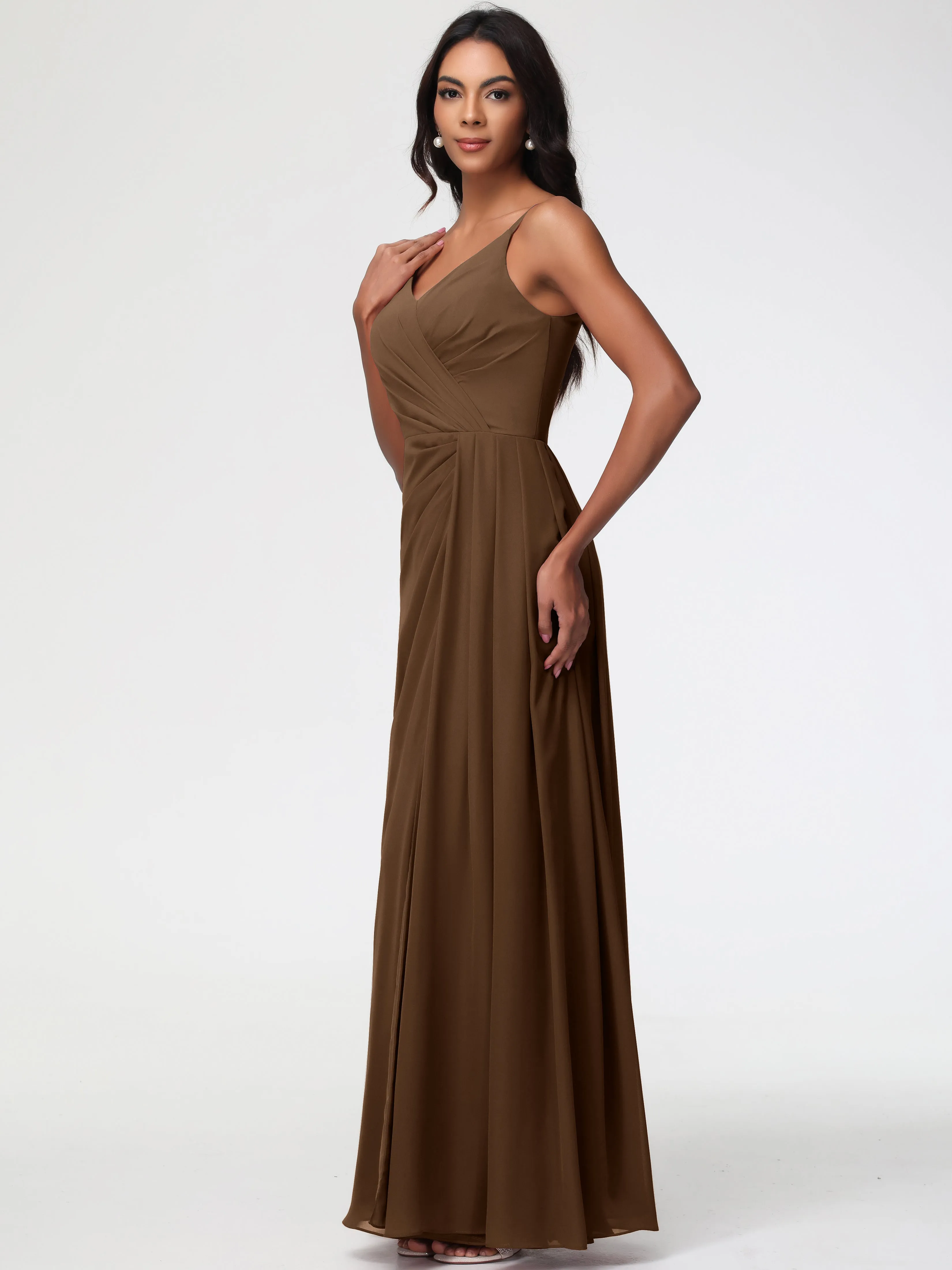Brown Bridesmaids Dress A-Line V-Neck Spaghetti Straps Ruched Chiffon Bridesmaid Dresses With Slit
