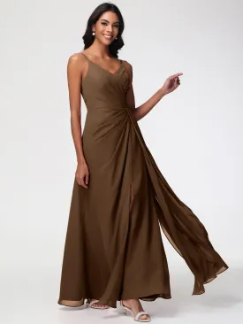 Brown Bridesmaids Dress A-Line V-Neck Spaghetti Straps Ruched Chiffon Bridesmaid Dresses With Slit