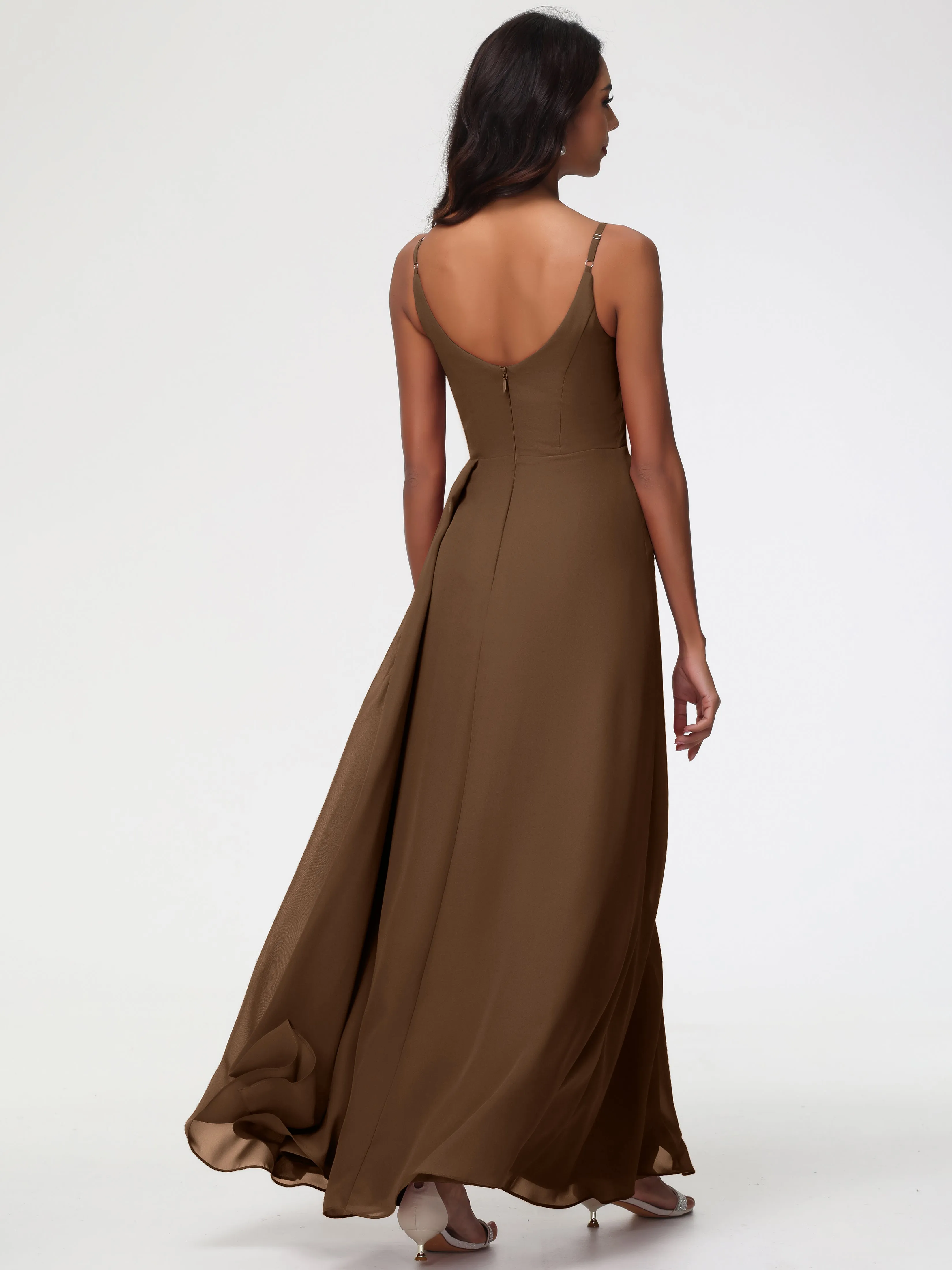 Brown Bridesmaids Dress A-Line V-Neck Spaghetti Straps Ruched Chiffon Bridesmaid Dresses With Slit
