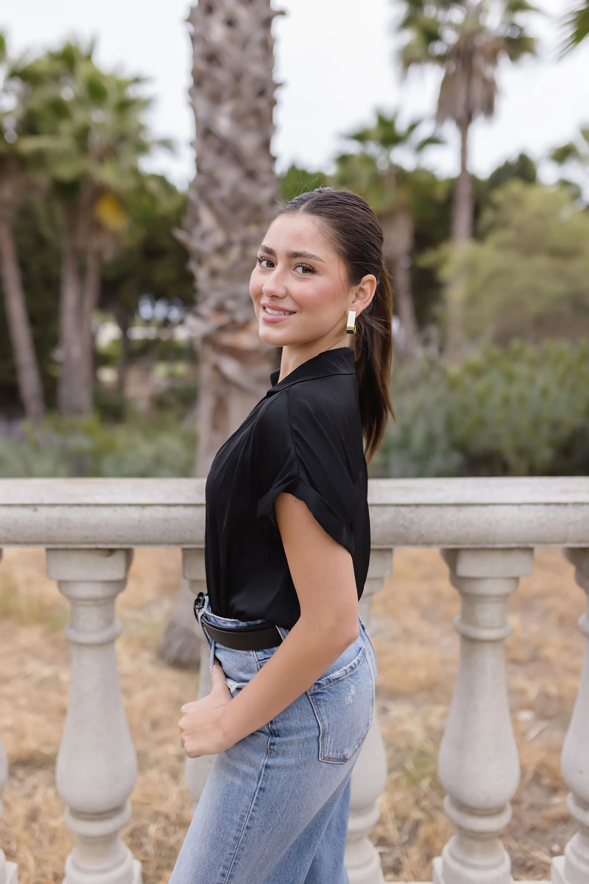 Callie Short Sleeve Button Down Top Black