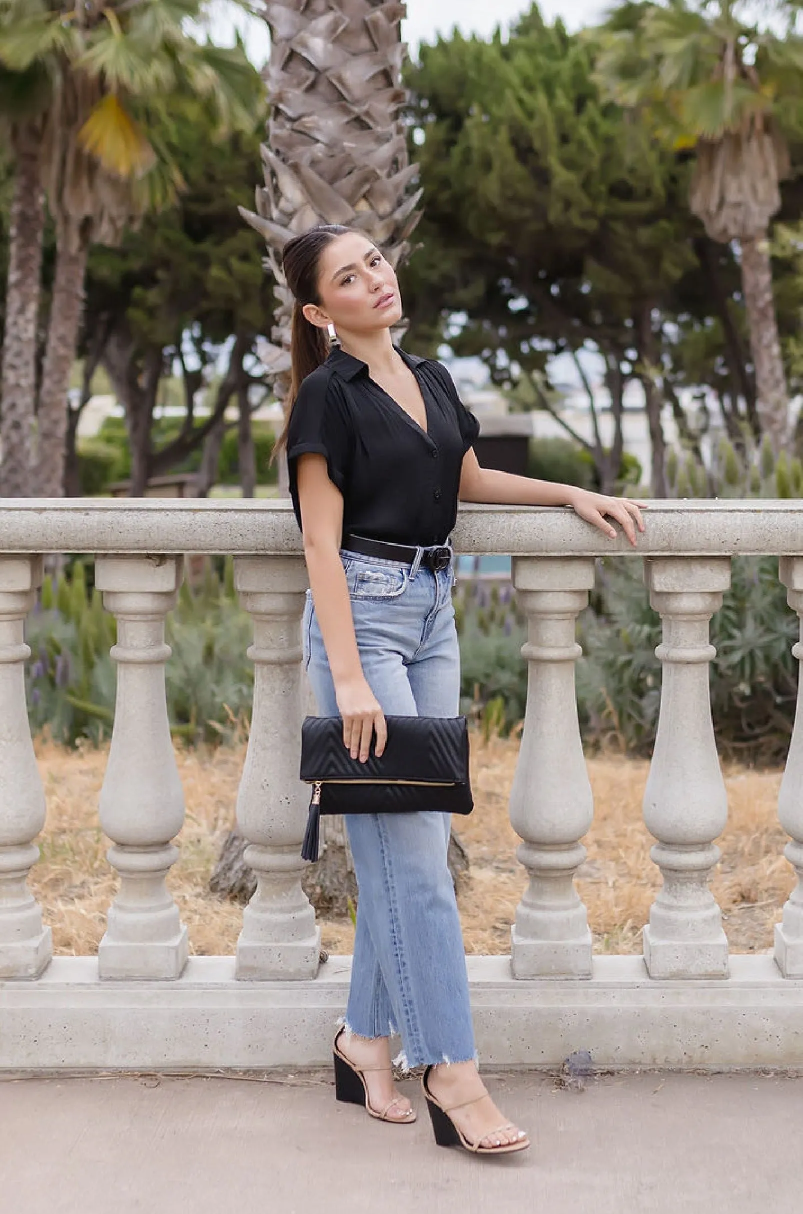 Callie Short Sleeve Button Down Top Black