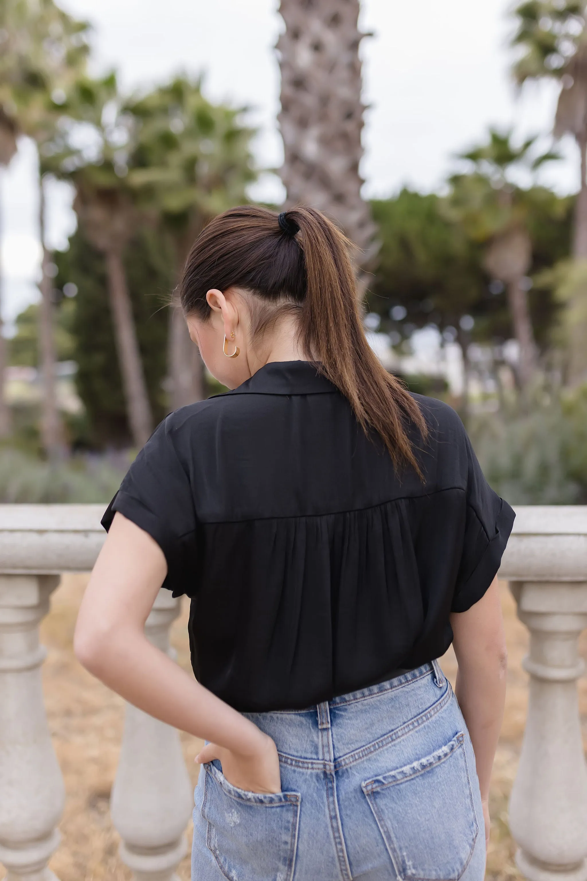 Callie Short Sleeve Button Down Top Black