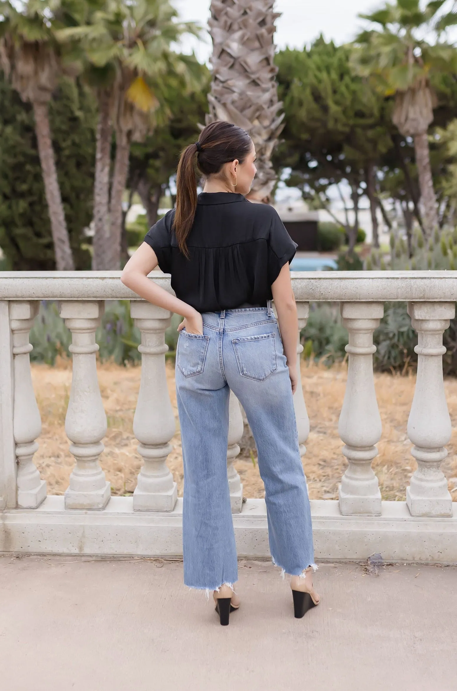 Callie Short Sleeve Button Down Top Black