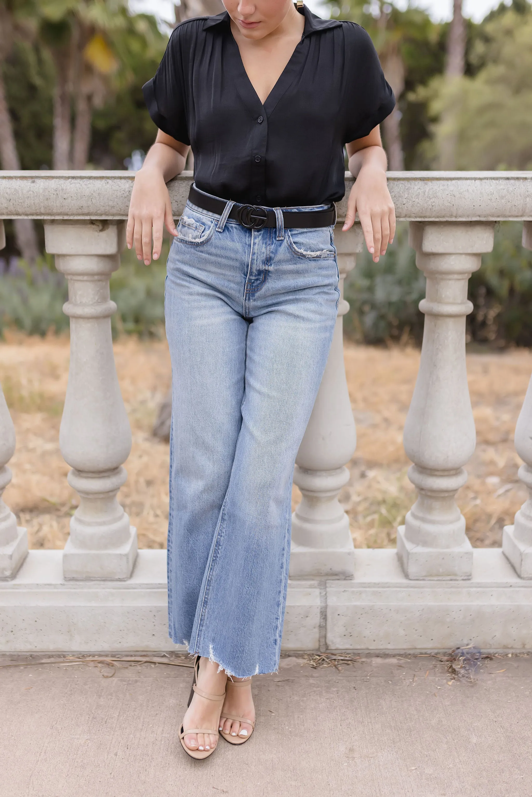 Callie Short Sleeve Button Down Top Black
