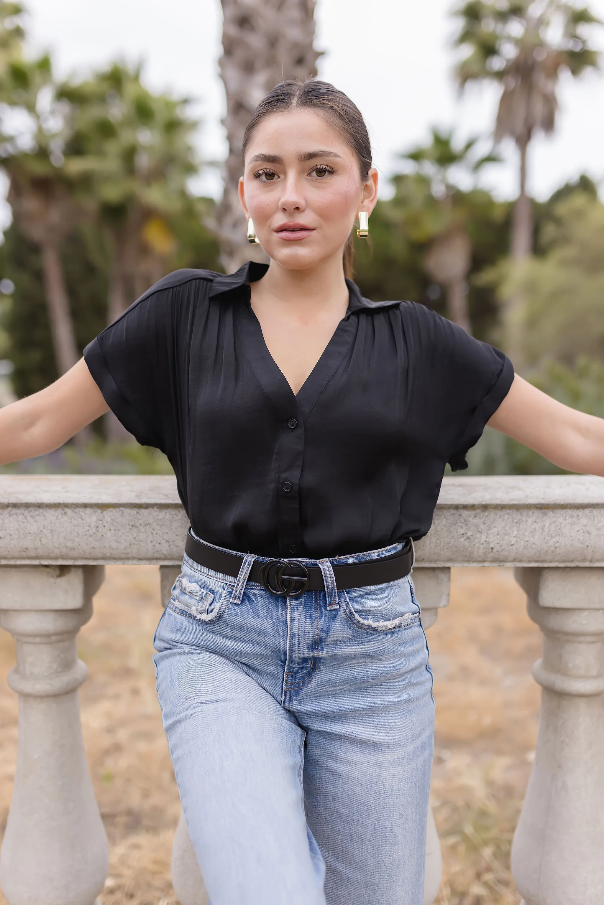 Callie Short Sleeve Button Down Top Black