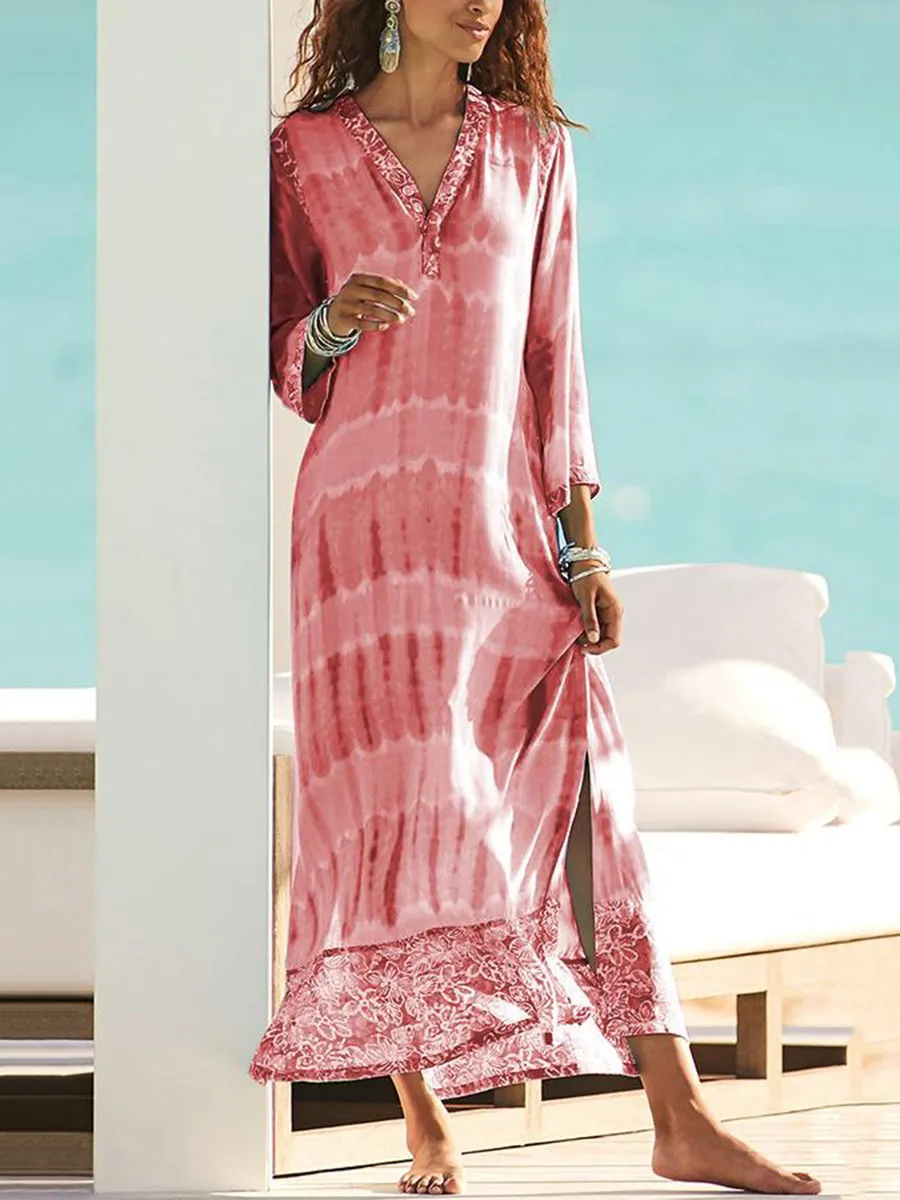 Casual 3/4 Sleeves Print V Neck Split Maxi Dress