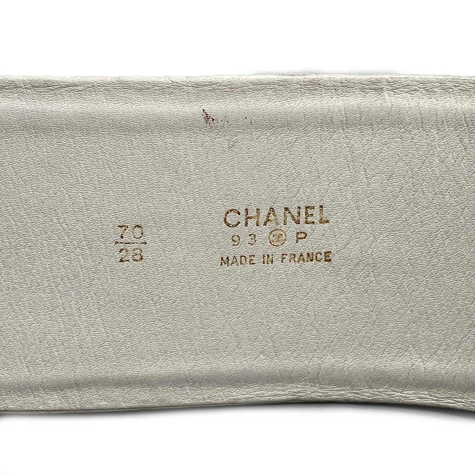 CHANEL - VTG 93P Wide White Leather Large Buckle Gold Chain Waist Belt - 70 / 28