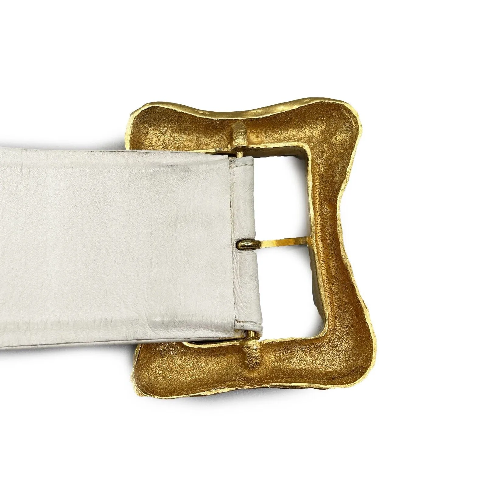 CHANEL - VTG 93P Wide White Leather Large Buckle Gold Chain Waist Belt - 70 / 28