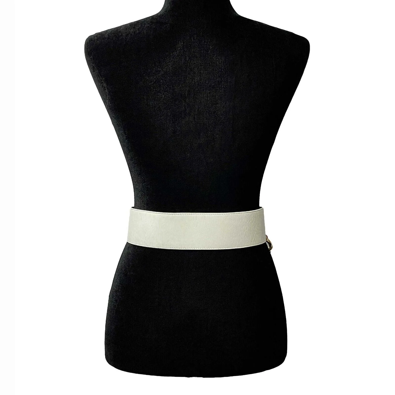 CHANEL - VTG 93P Wide White Leather Large Buckle Gold Chain Waist Belt - 70 / 28