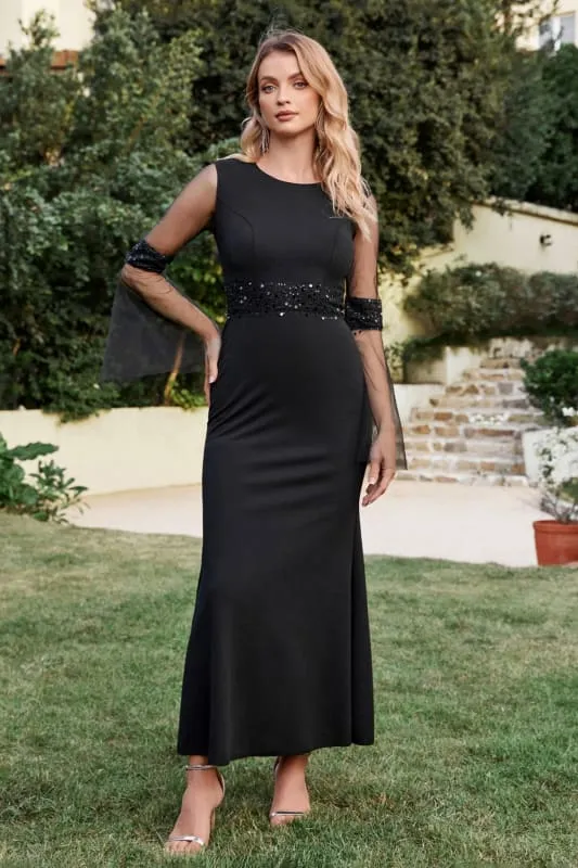 Charming Puff Sleeves Black Mermaid Evening Dress Jewel Neck Beadings Floor Length Formal Dress