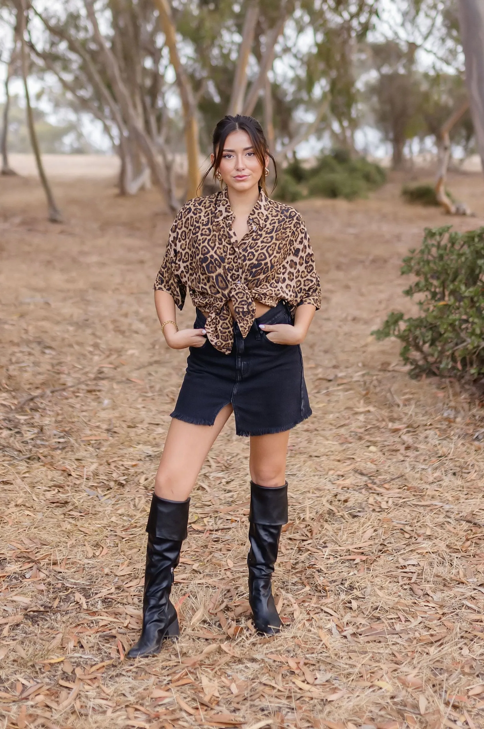 Clara Short Sleeve Button Down Leopard Print Top Brown