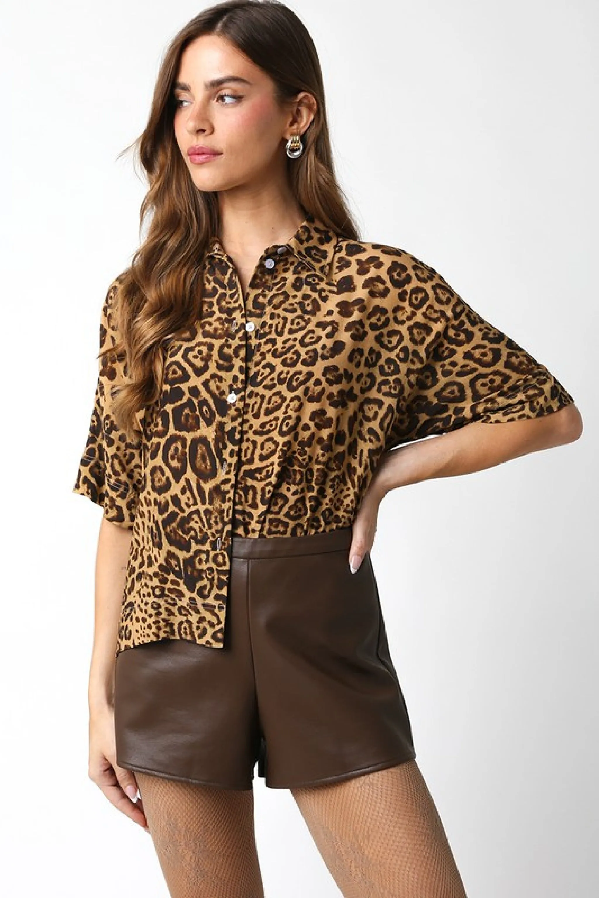 Clara Short Sleeve Button Down Leopard Print Top Brown
