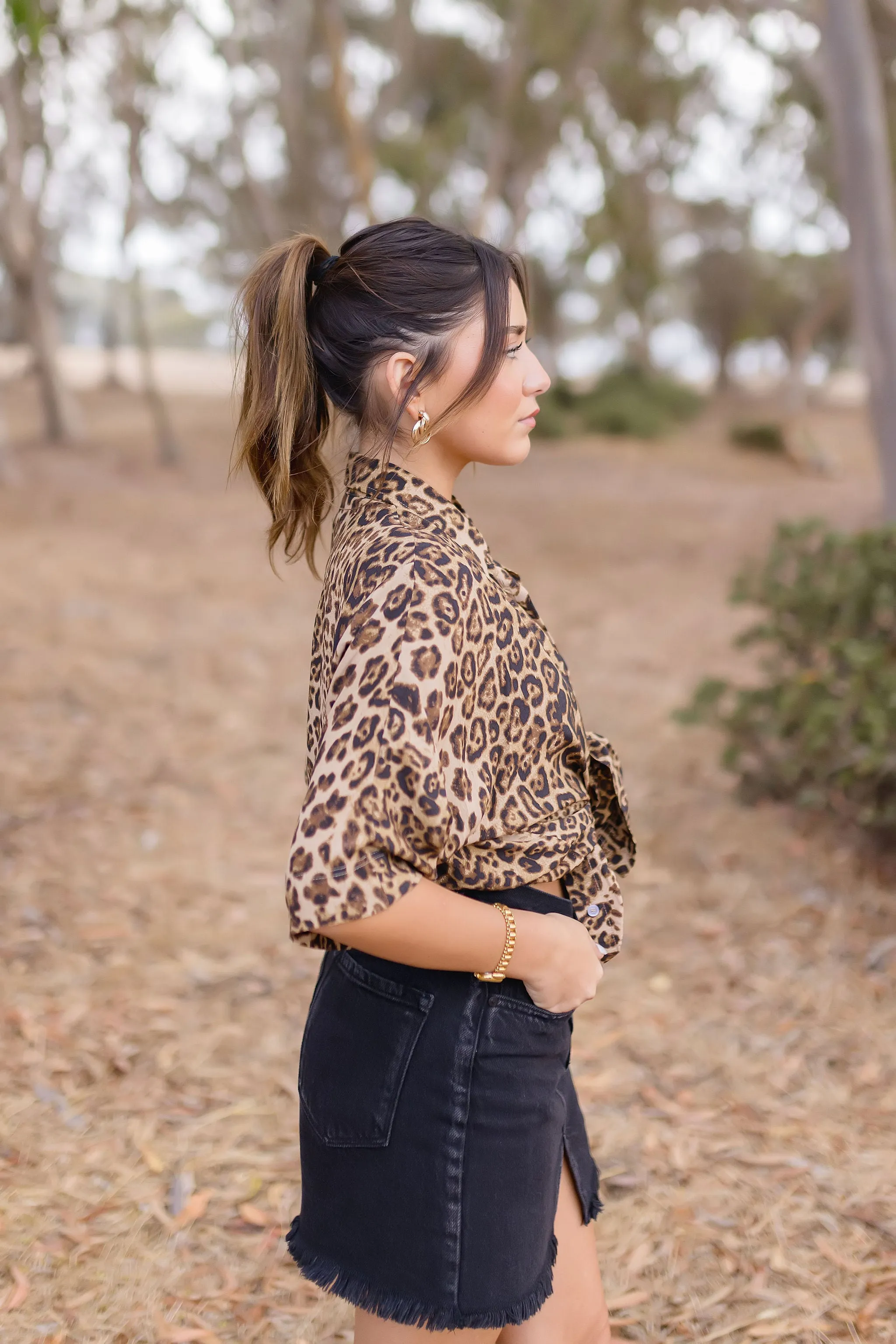 Clara Short Sleeve Button Down Leopard Print Top Brown