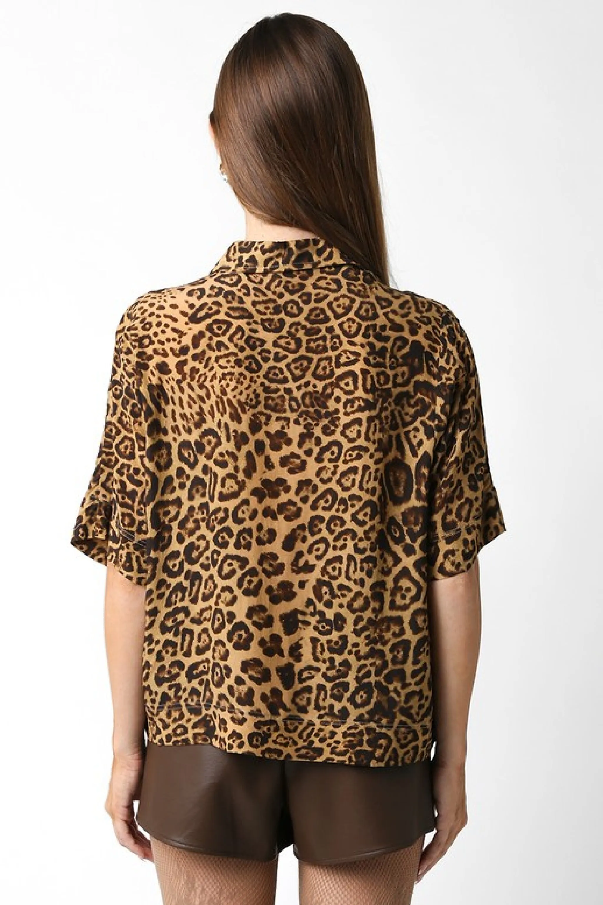 Clara Short Sleeve Button Down Leopard Print Top Brown