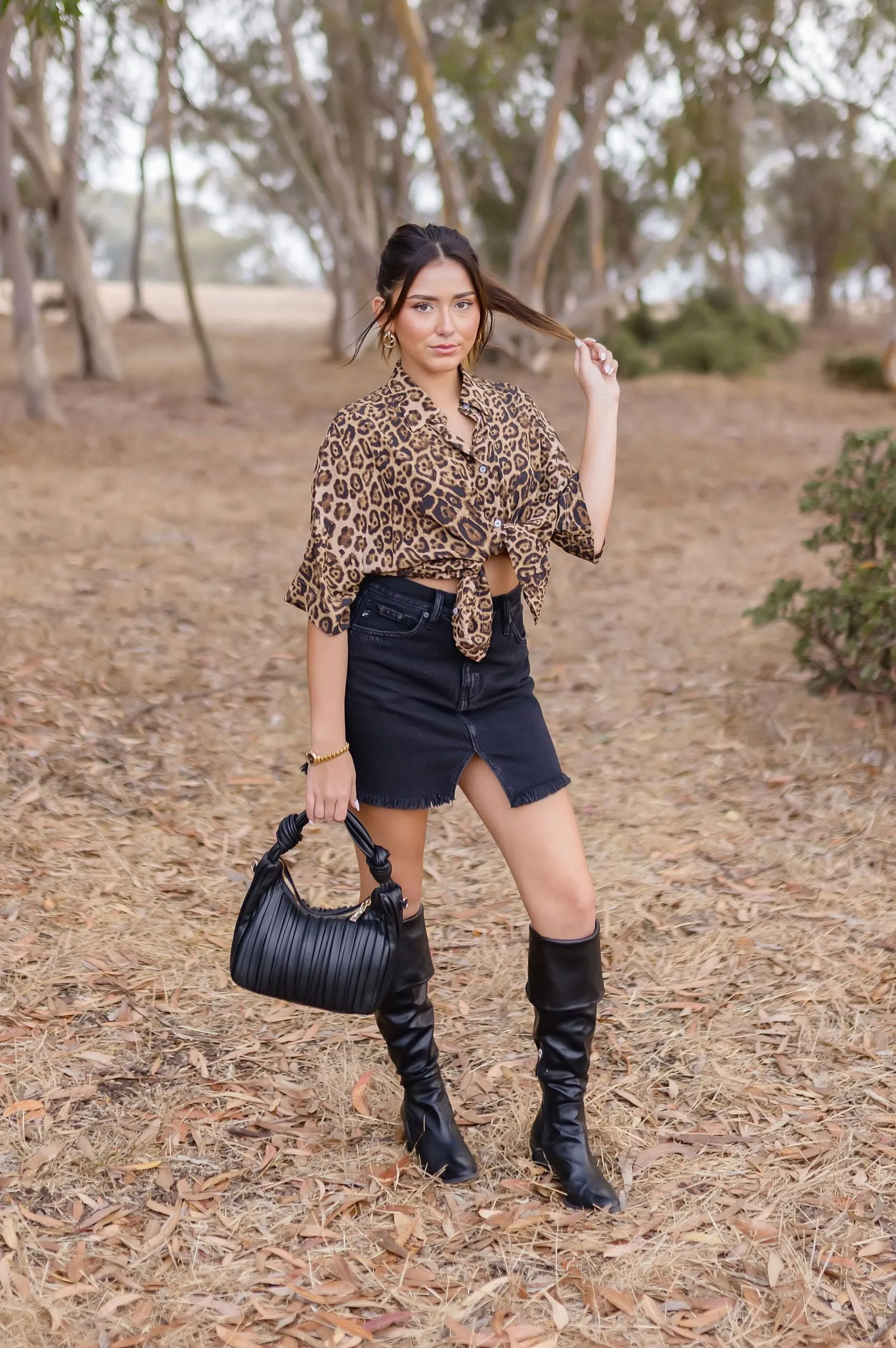 Clara Short Sleeve Button Down Leopard Print Top Brown