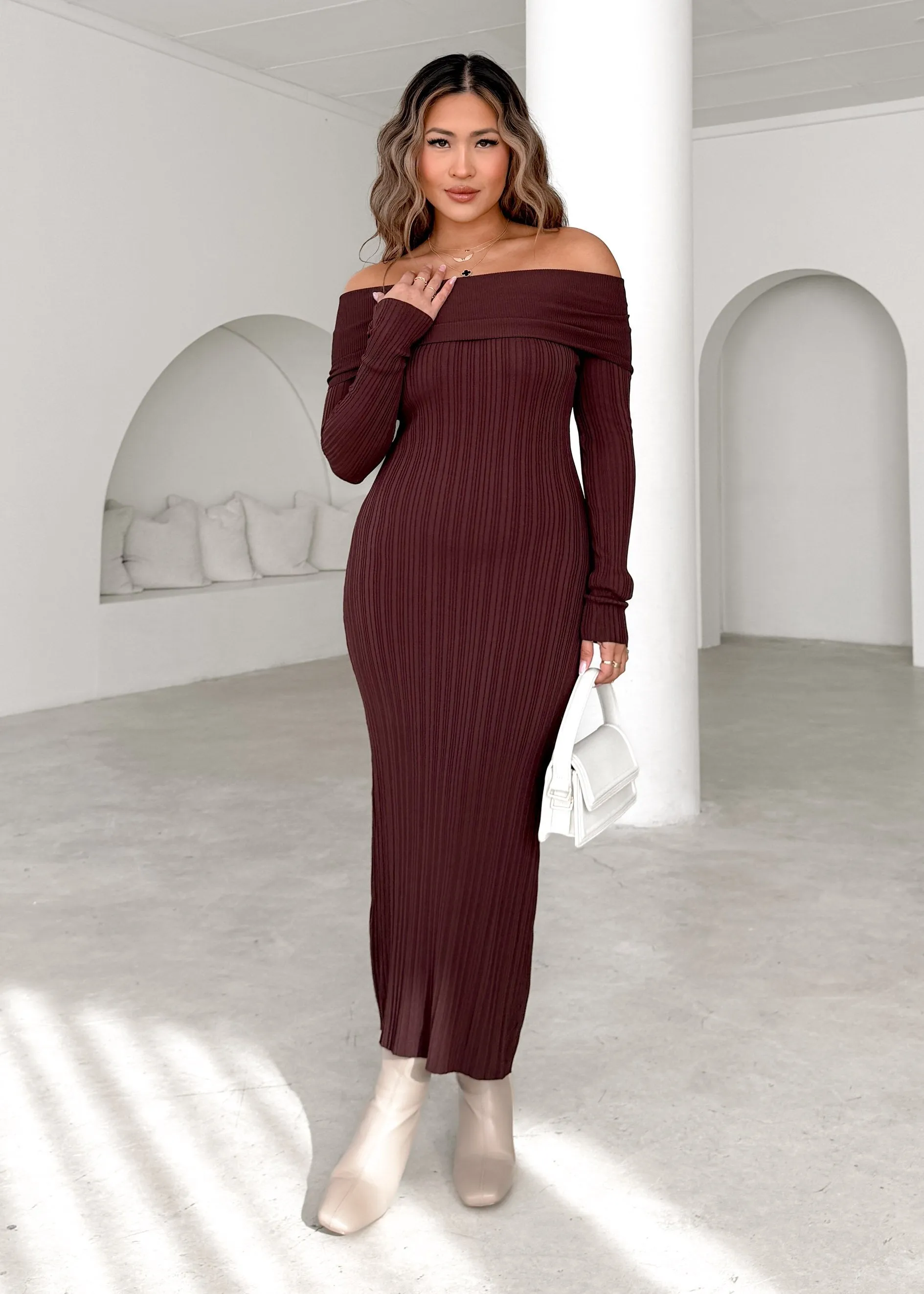 Eliora Off Shoulder Knit Maxi Dress - Chocolate