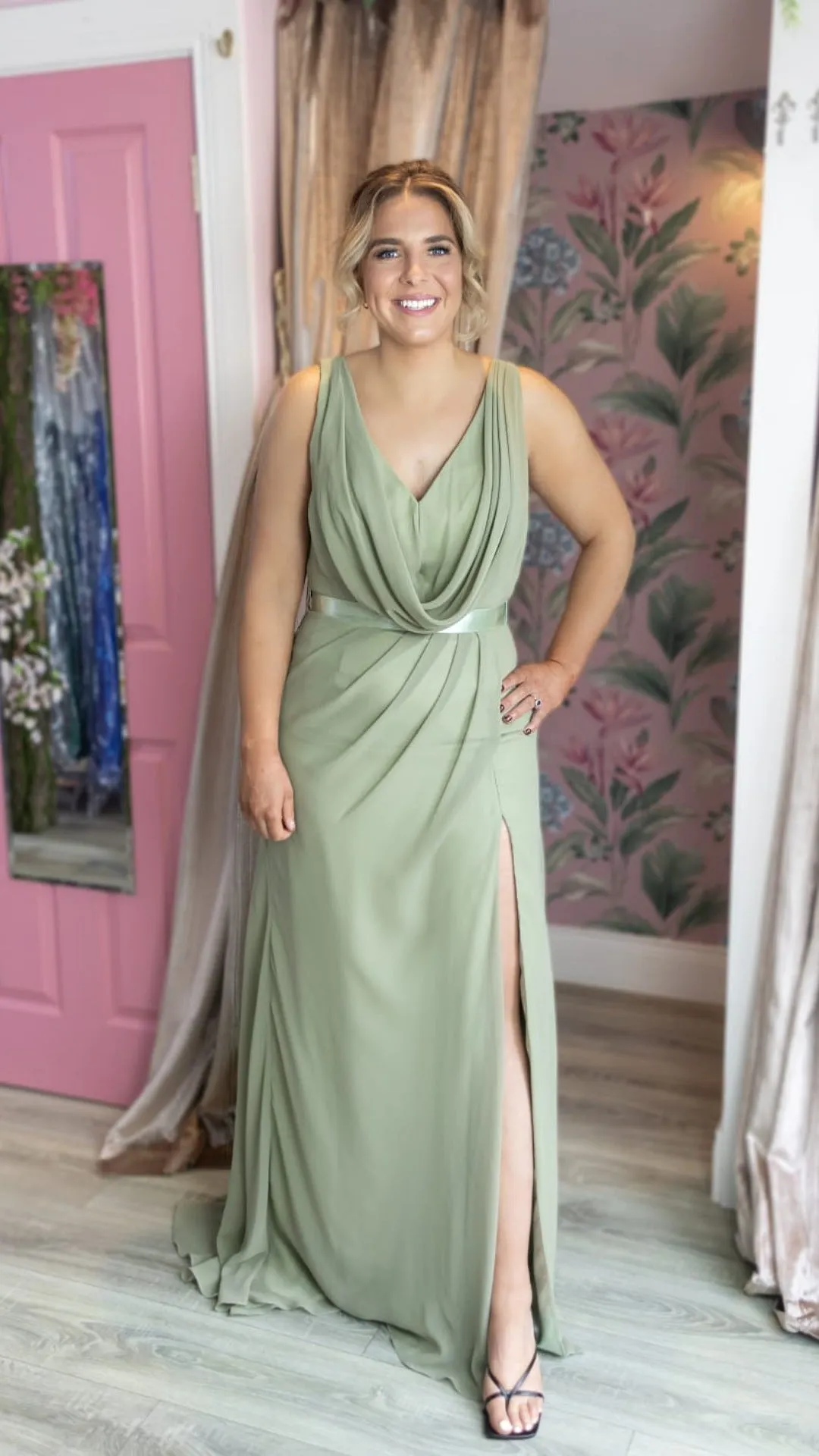 Erin Sage Green Cowl Neck Split Leg Open Back Sample Dress Bridesmaid Dress