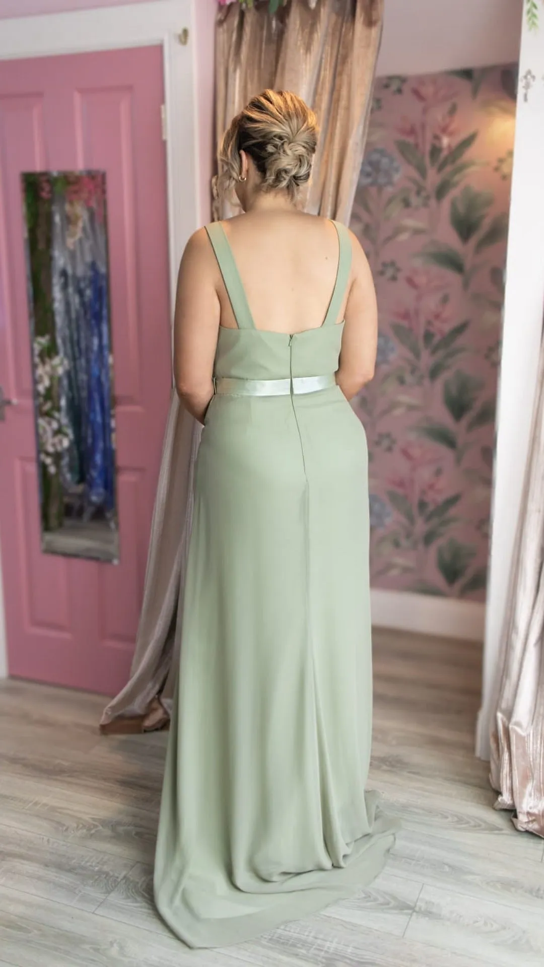 Erin Sage Green Cowl Neck Split Leg Open Back Sample Dress Bridesmaid Dress
