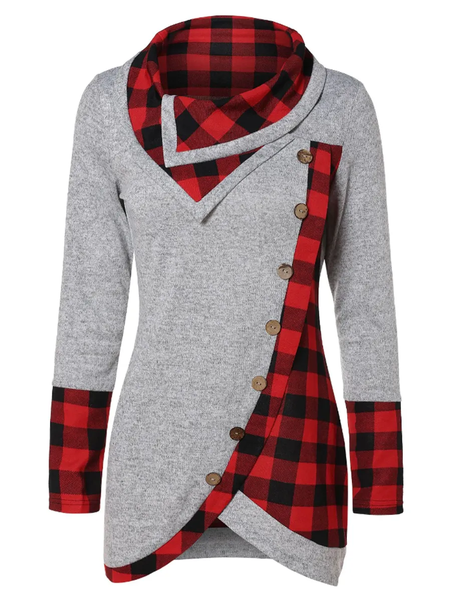 Fashion Casual Pile Collar Plaid Long Sleeve Top