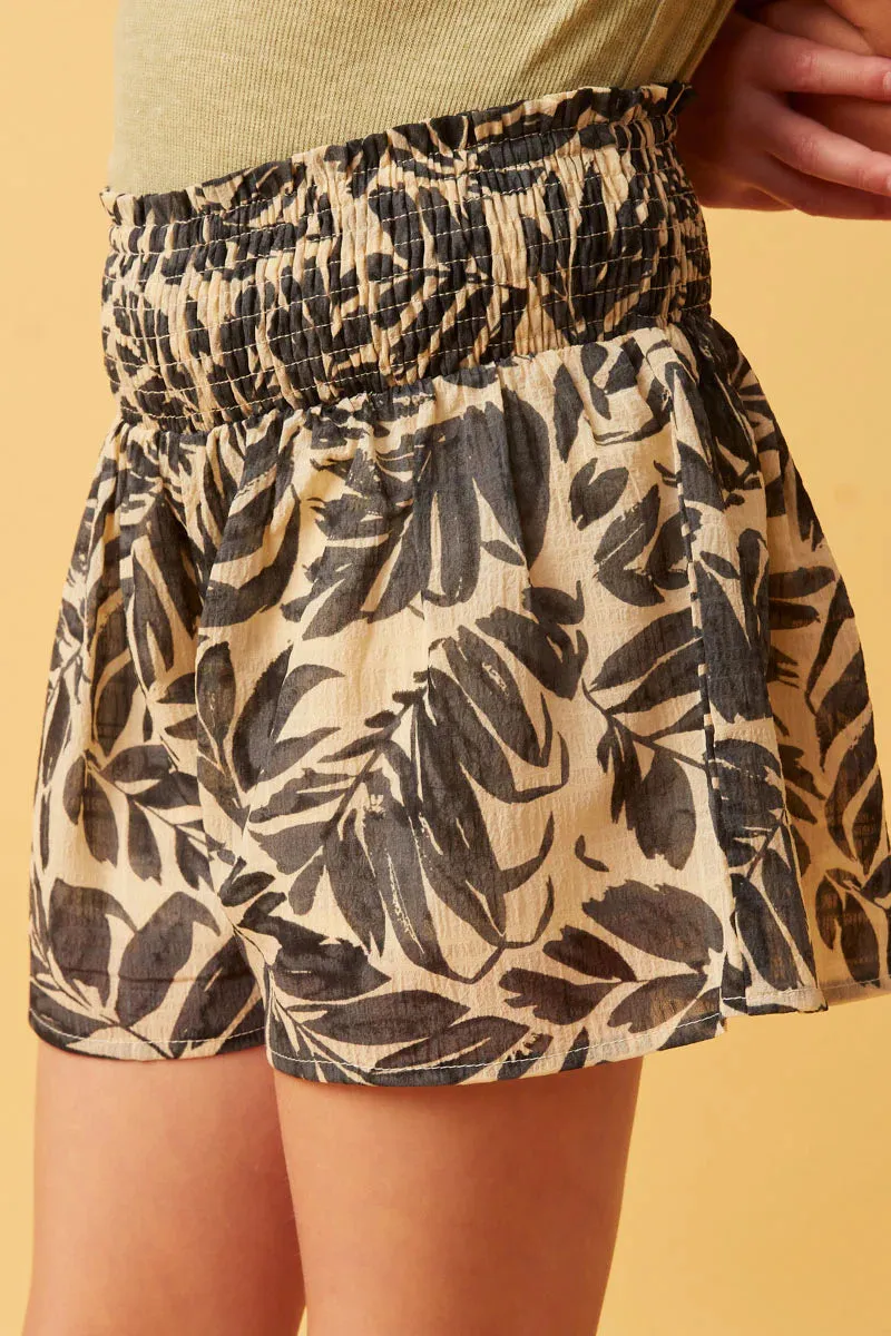 Girls Botanical Print Smocked Waist Shorts