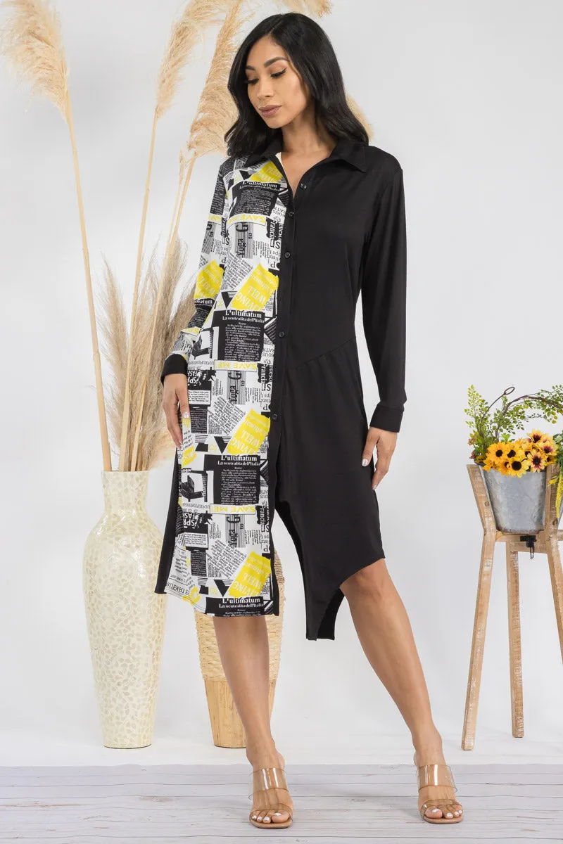HH704R-NEWSPRINT - COLOR BLOCK NEWSPRINT MIDI DRESS