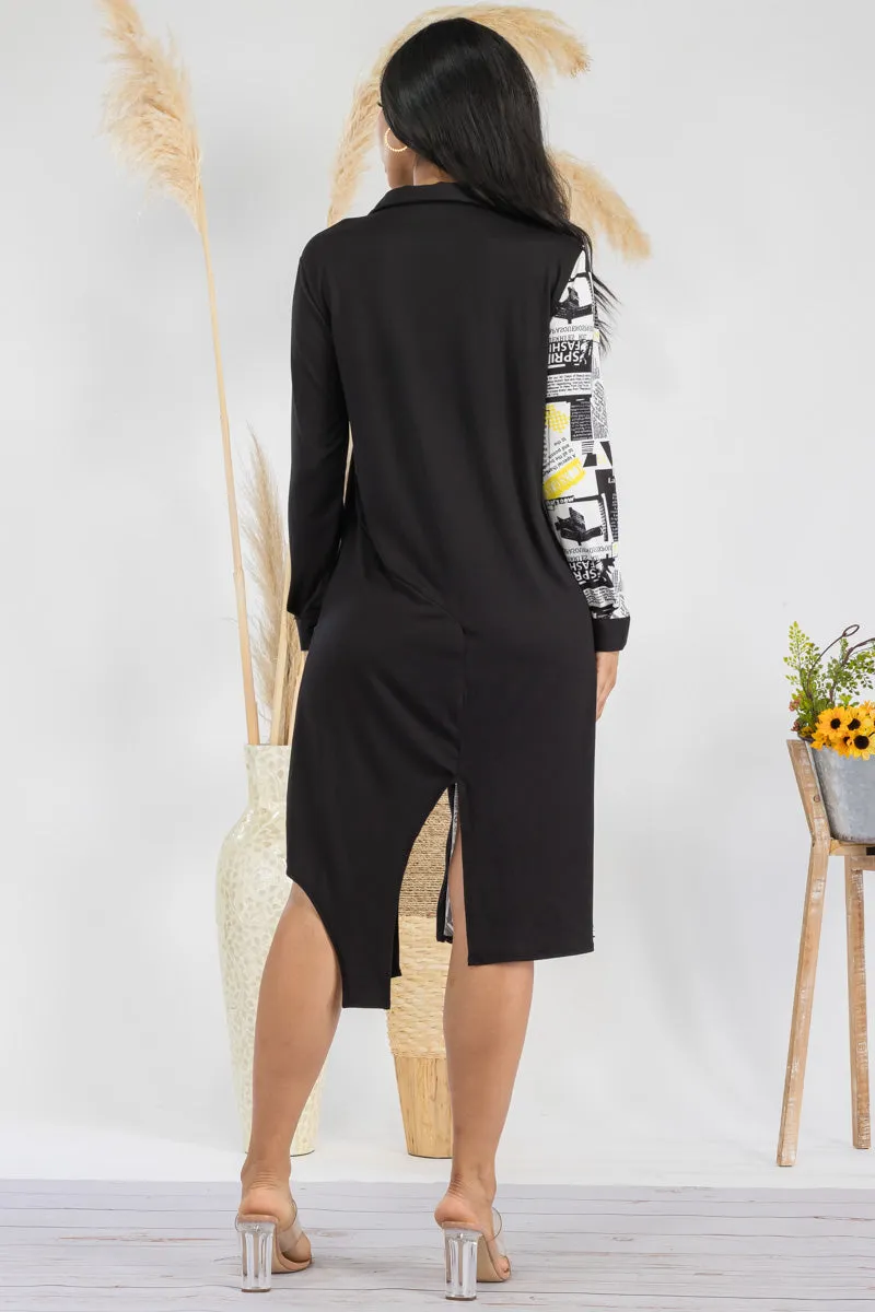 HH704R-NEWSPRINT - COLOR BLOCK NEWSPRINT MIDI DRESS