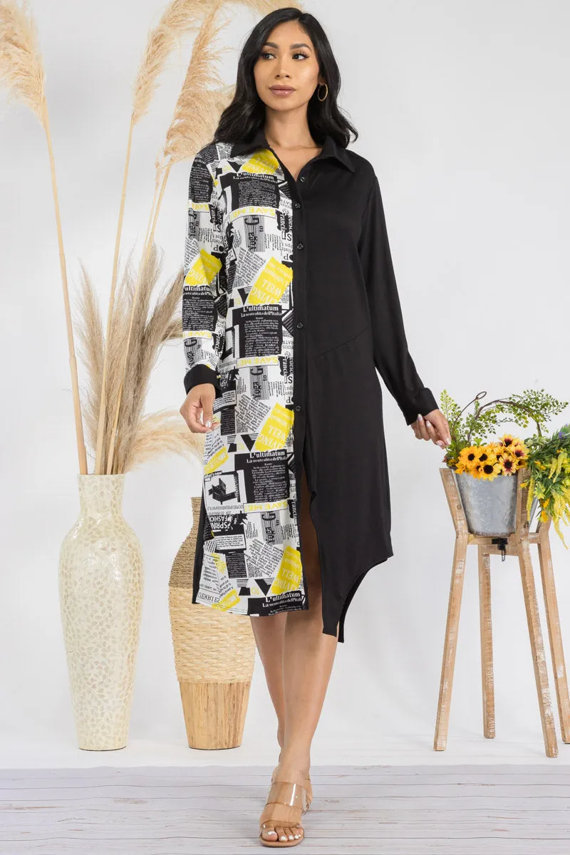 HH704R-NEWSPRINT - COLOR BLOCK NEWSPRINT MIDI DRESS