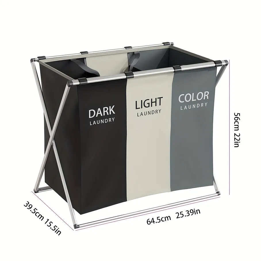Laundry Cloth Hamper Sorter Basket Bin Foldable 3 Sections with Aluminum FrameWashing Storage Dirty Clothes Bag for Bathroom Bedroom Home Storage basket (3 Liner, White grey black)