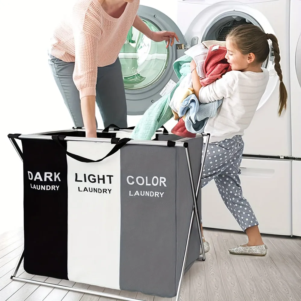 Laundry Cloth Hamper Sorter Basket Bin Foldable 3 Sections with Aluminum FrameWashing Storage Dirty Clothes Bag for Bathroom Bedroom Home Storage basket (3 Liner, White grey black)