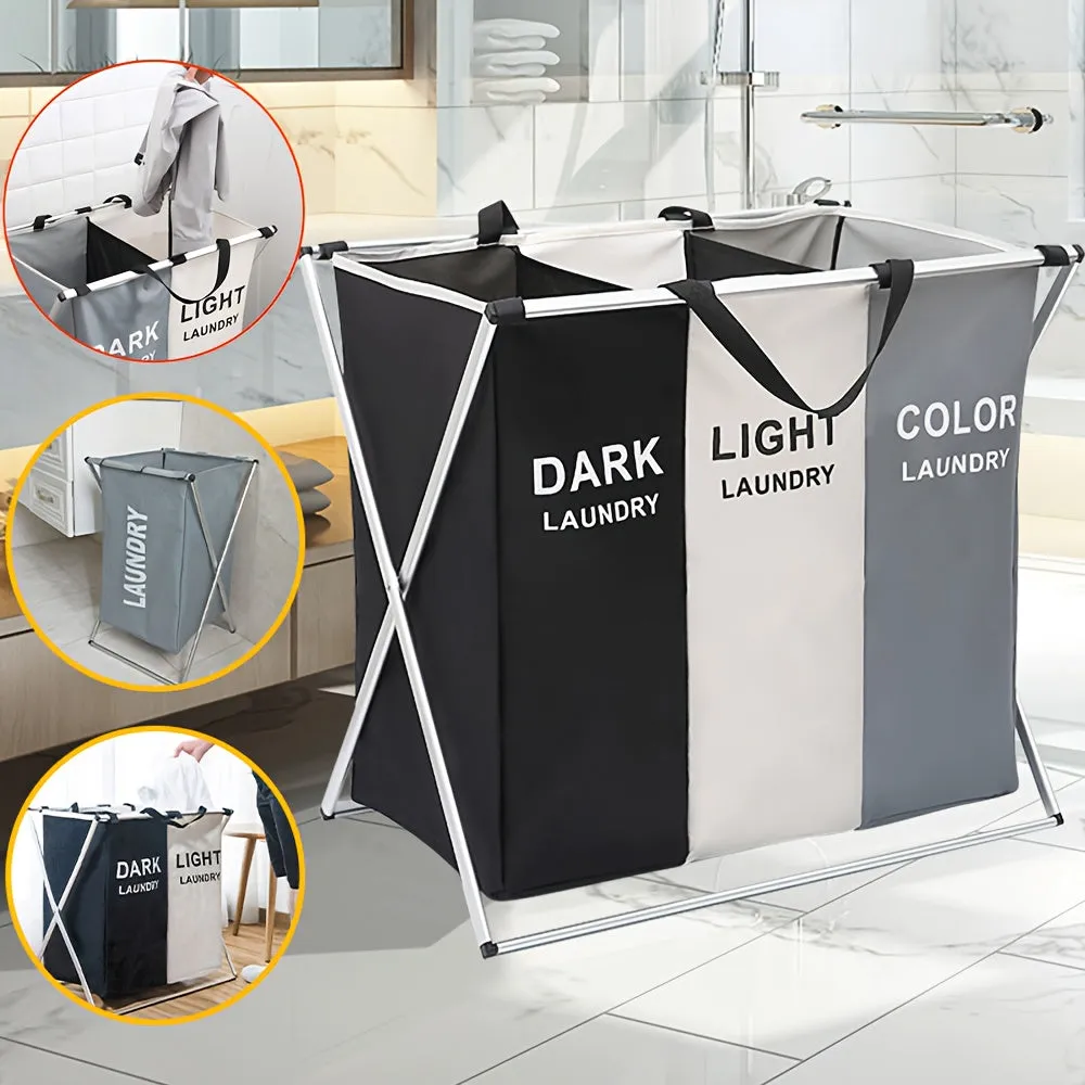 Laundry Cloth Hamper Sorter Basket Bin Foldable 3 Sections with Aluminum FrameWashing Storage Dirty Clothes Bag for Bathroom Bedroom Home Storage basket (3 Liner, White grey black)