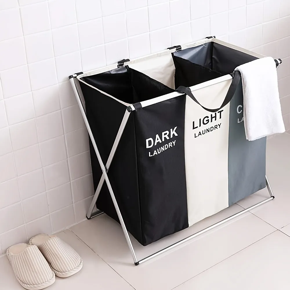 Laundry Cloth Hamper Sorter Basket Bin Foldable 3 Sections with Aluminum FrameWashing Storage Dirty Clothes Bag for Bathroom Bedroom Home Storage basket (3 Liner, White grey black)
