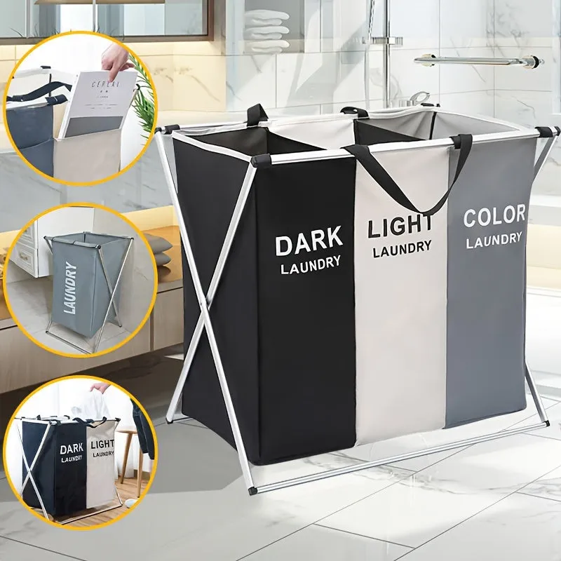 Laundry Cloth Hamper Sorter Basket Bin Foldable 3 Sections with Aluminum FrameWashing Storage Dirty Clothes Bag for Bathroom Bedroom Home Storage basket (3 Liner, White grey black)