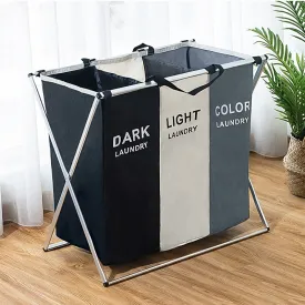 Laundry Cloth Hamper Sorter Basket Bin Foldable 3 Sections with Aluminum FrameWashing Storage Dirty Clothes Bag for Bathroom Bedroom Home Storage basket (3 Liner, White grey black)