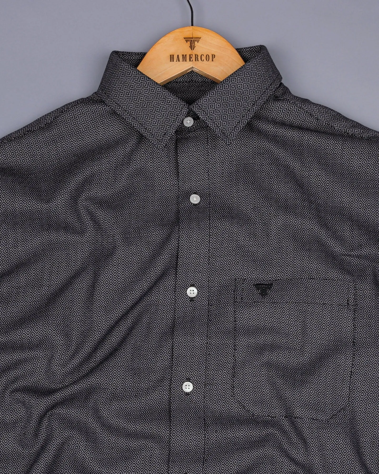 Licorice Black With White Dobby Textured Cotton Shirt